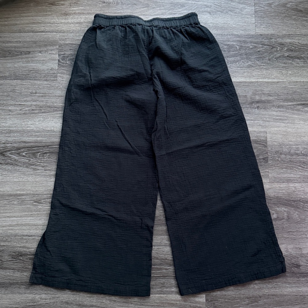 Pact Black Gauze Cropped Wide Leg Pants Size Large Cotton Flare with Slit - Picture 3 of 6